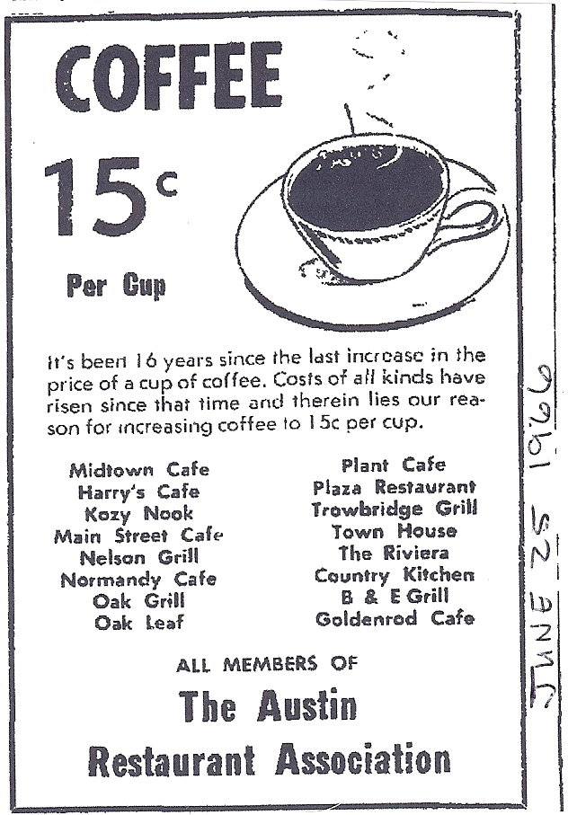 Coffee 15 cents in 1966 Austin, Mn